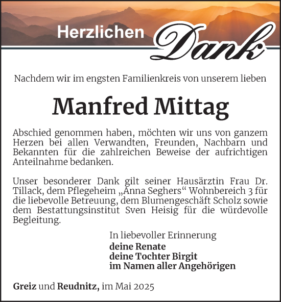 Traueranzeige von Manfred Mittag