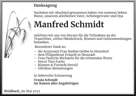 Traueranzeige von Manfred Schmidt von Ostthüringer Zeitung