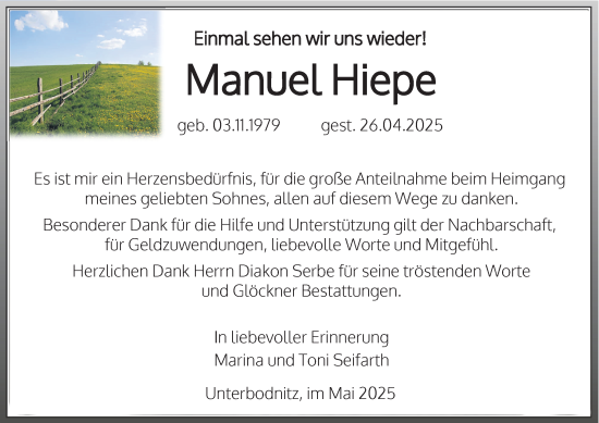 Traueranzeige von Manuel Hiepe von Ostthüringer Zeitung