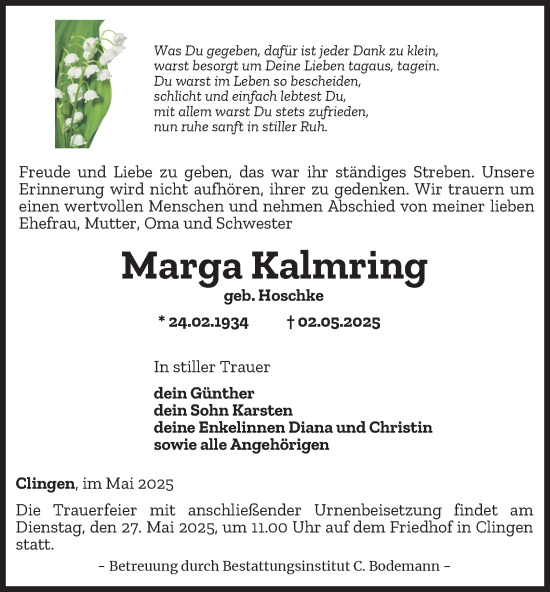 Traueranzeige von Marga Kalmring