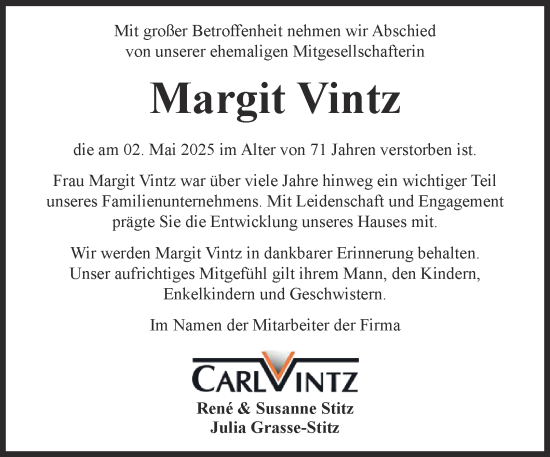 Traueranzeige von Margit Vintz von Thüringer Allgemeine, Thüringische Landeszeitung