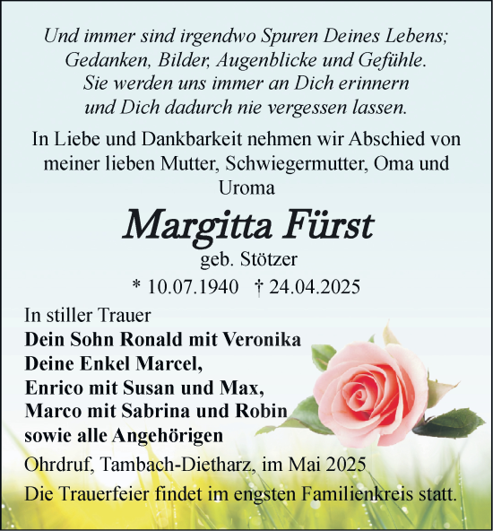 Traueranzeige von Margitta Fürst von Thüringer Allgemeine, Thüringische Landeszeitung