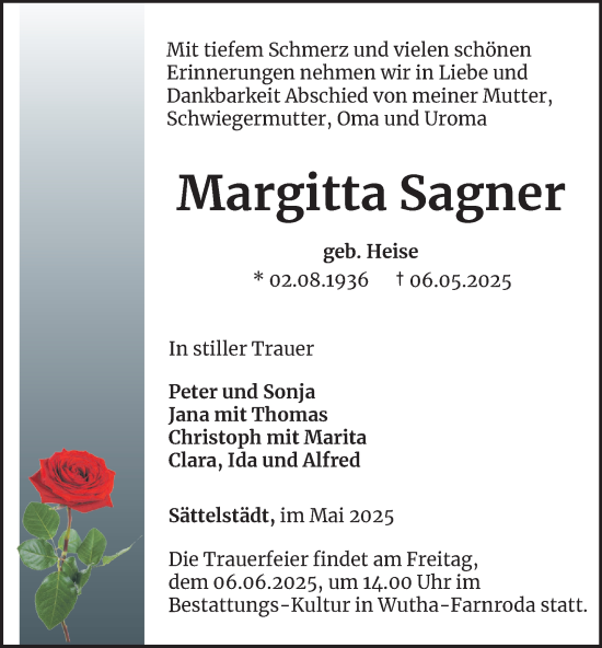 Traueranzeige von Margitta Sagner von Thüringer Allgemeine, Thüringische Landeszeitung