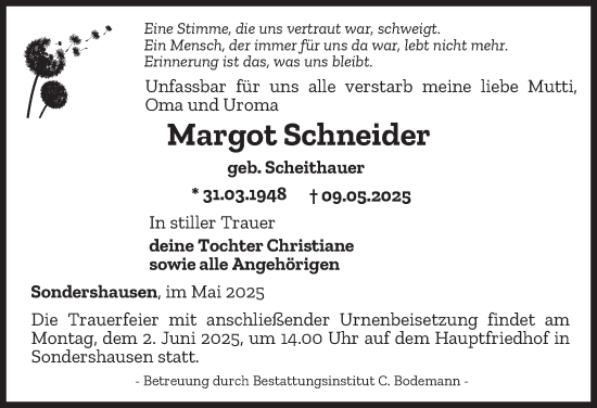 Traueranzeige von Margot Schneider