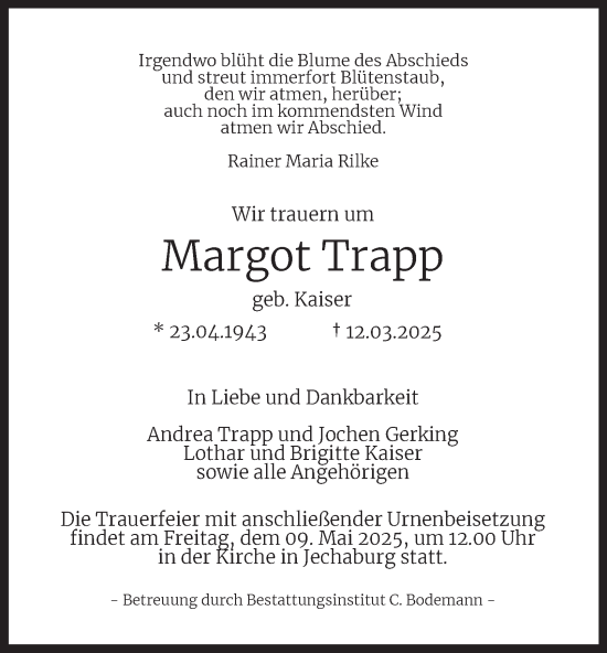 Traueranzeige von Margot Trapp
