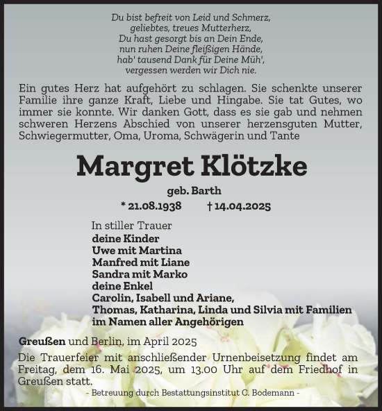Traueranzeige von Margret Klötzke