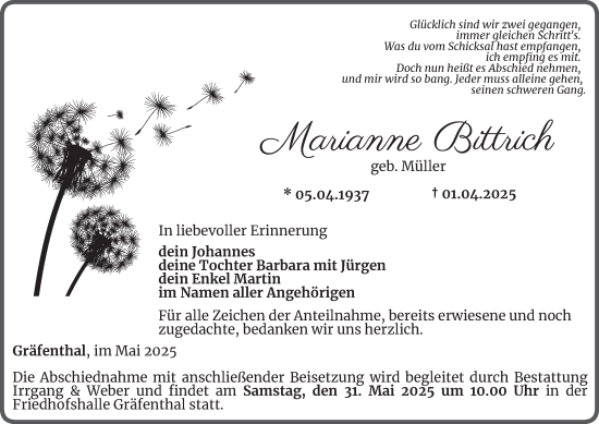 Traueranzeige von Marianne Bittrich von Ostthüringer Zeitung