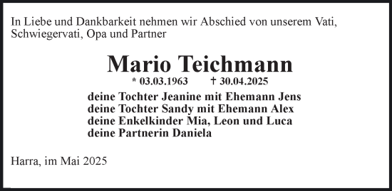 Traueranzeige von Mario Teichmann von Ostthüringer Zeitung