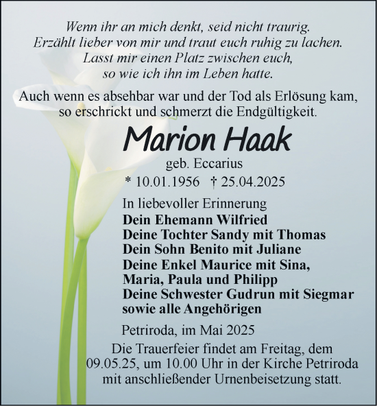 Traueranzeige von Marion Haak von Thüringer Allgemeine, Thüringische Landeszeitung