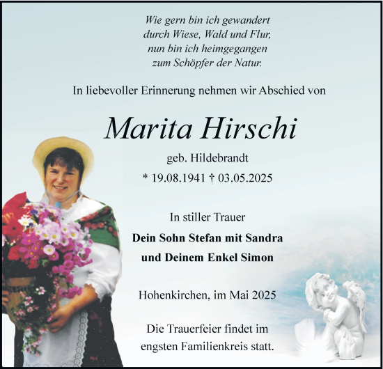 Traueranzeige von Marita Hirschi von Thüringer Allgemeine, Thüringische Landeszeitung