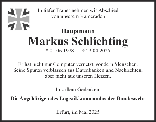 Traueranzeige von Markus Schlichting von Thüringer Allgemeine, Thüringische Landeszeitung