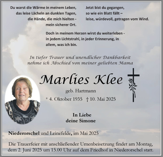 Traueranzeige von Marlies Klee von Thüringer Allgemeine