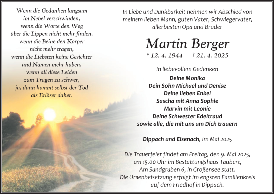 Traueranzeige von Martin Berger von Thüringer Allgemeine, Thüringische Landeszeitung