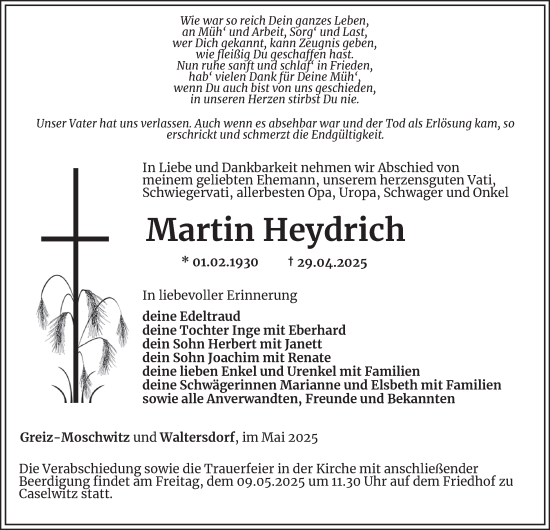 Traueranzeige von Martin Heydrich von Ostthüringer Zeitung