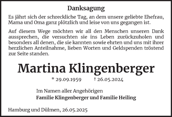 Traueranzeige von Martina Klingenberger von Ostthüringer Zeitung