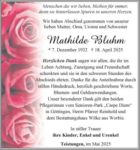 Traueranzeige von Mathilde Bluhm von Thüringer Allgemeine