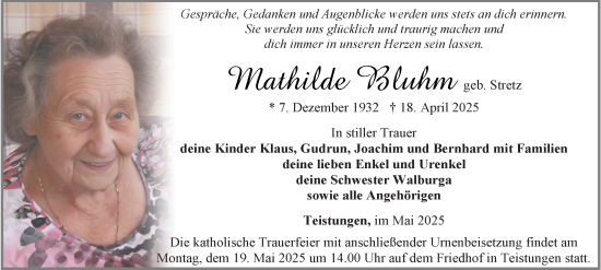 Traueranzeige von Mathilde Bluhm von Thüringer Allgemeine