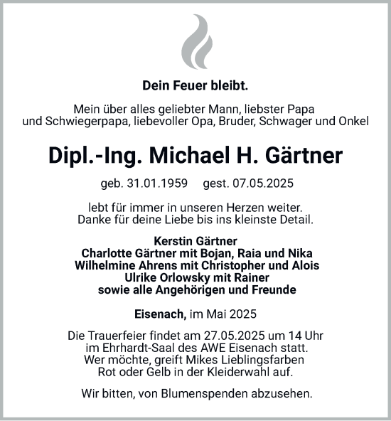 Traueranzeige von Michael H. Gärtner von Thüringer Allgemeine, Thüringische Landeszeitung