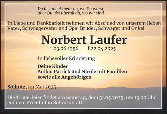 Traueranzeige von Norbert Laufer von Thüringer Allgemeine, Thüringische Landeszeitung