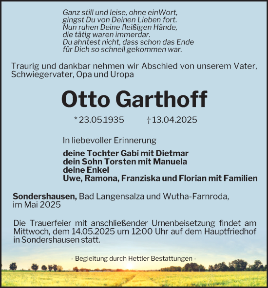 Traueranzeige von Otto Garthoff von Thüringer Allgemeine