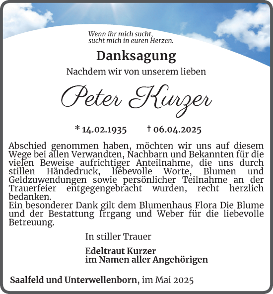 Traueranzeige von Peter Kurzer von Ostthüringer Zeitung