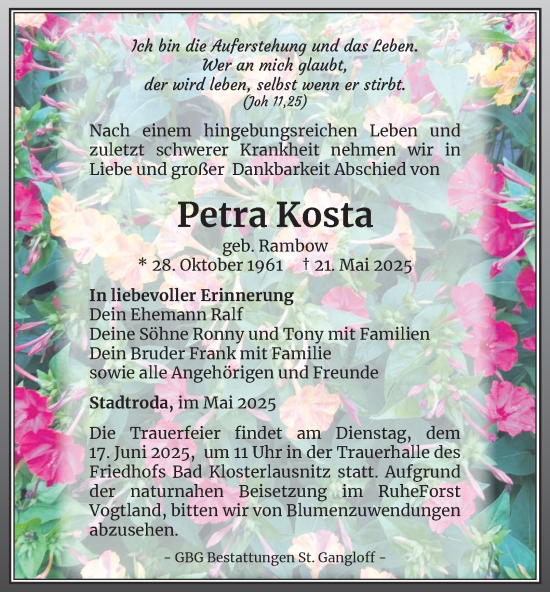 Traueranzeige von Petra Kosta von Ostthüringer Zeitung