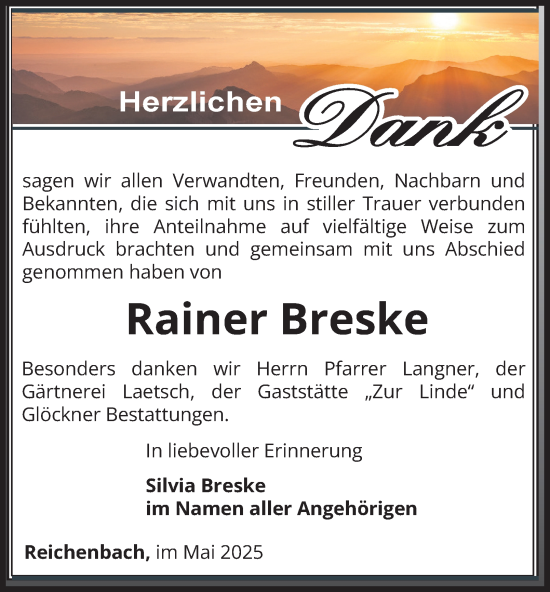 Traueranzeige von Rainer Breske von Ostthüringer Zeitung