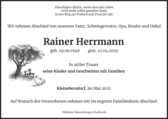 Traueranzeige von Rainer Herrmann von Ostthüringer Zeitung