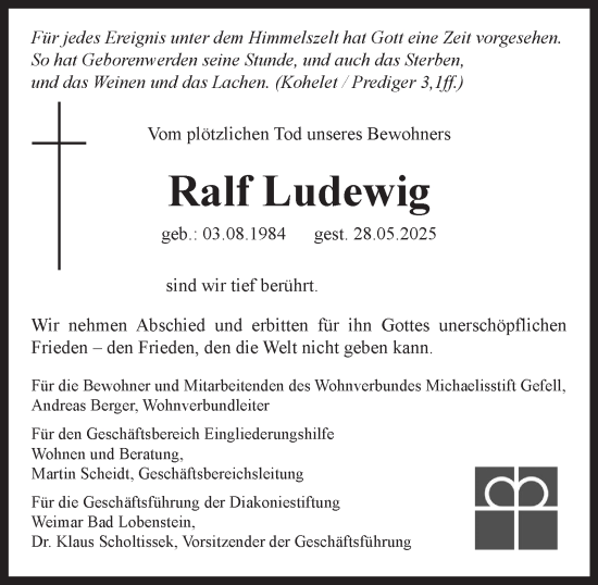 Traueranzeige von Ralf Ludewig von Ostthüringer Zeitung
