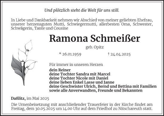 Traueranzeige von Ramona Schmeißer
