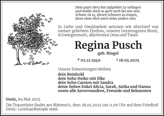 Traueranzeige von Regina Pusch von Ostthüringer Zeitung