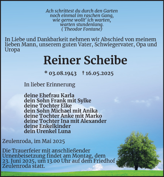 Traueranzeige von Reiner Scheibe von Ostthüringer Zeitung