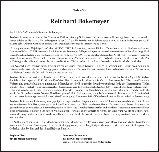 Traueranzeige von Reinhard Bokemeyer von Thüringer Allgemeine, Thüringische Landeszeitung