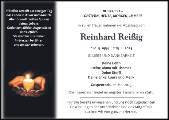 Traueranzeige von Reinhard Reißig von Thüringer Allgemeine, Thüringische Landeszeitung