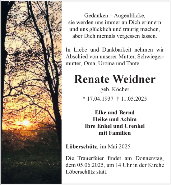 Traueranzeige von Renate Weidner von Ostthüringer Zeitung, Thüringische Landeszeitung