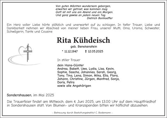 Traueranzeige von Rita Kühdeisch von Thüringer Allgemeine