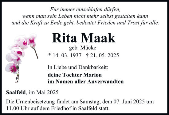 Traueranzeige von Rita Maak von Ostthüringer Zeitung