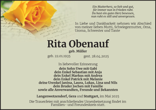 Traueranzeige von Rita Obenauf