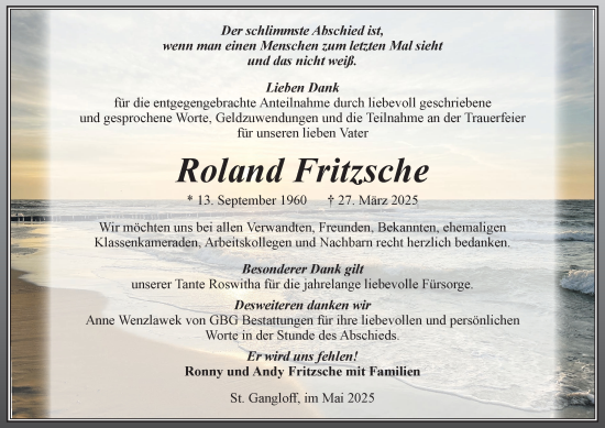Traueranzeige von Roland Fritzsche von Ostthüringer Zeitung