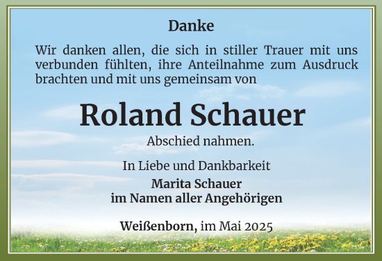 Traueranzeige von Roland Schauer von Ostthüringer Zeitung
