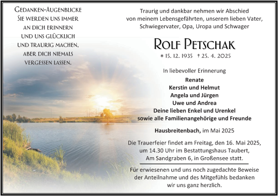 Traueranzeige von Rolf Petschak von Thüringer Allgemeine, Thüringische Landeszeitung