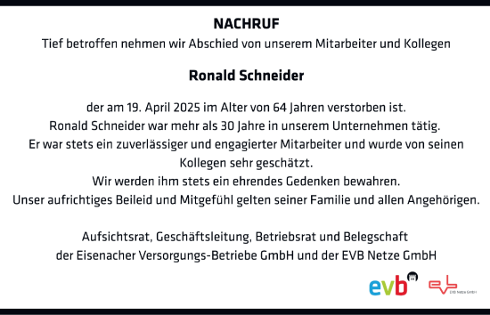 Traueranzeige von Ronald Schneider von Thüringer Allgemeine, Thüringische Landeszeitung