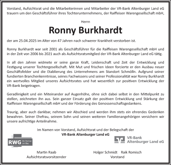 Traueranzeige von Ronny Burkhardt von Ostthüringer Zeitung