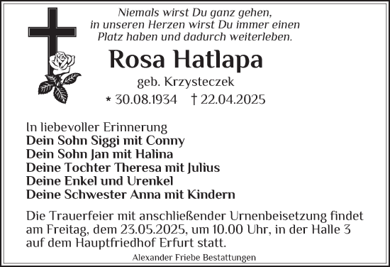 Traueranzeige von Rosa Hatlapa von Thüringer Allgemeine, Thüringische Landeszeitung