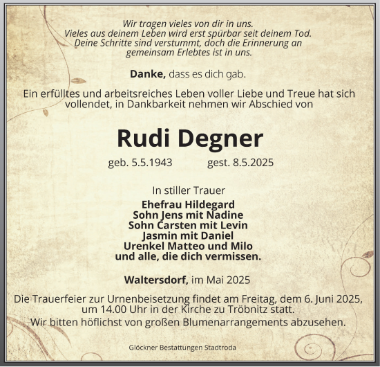 Traueranzeige von Rudi Degner von Ostthüringer Zeitung