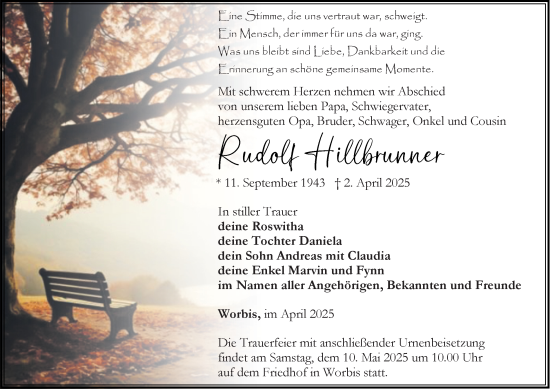 Traueranzeige von Rudolf Hillbrunner von Thüringer Allgemeine