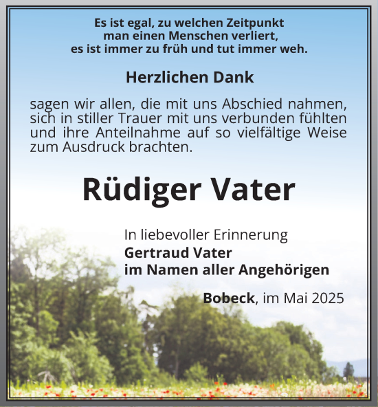 Traueranzeige von Rüdiger Vater von Ostthüringer Zeitung