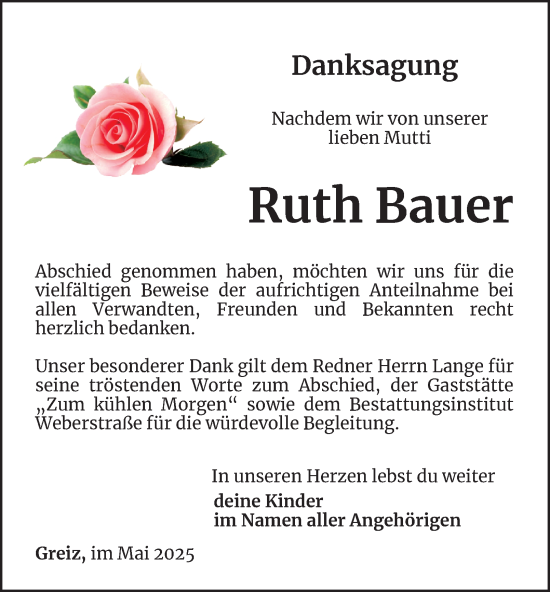 Traueranzeige von Ruth Bauer