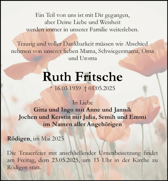 Traueranzeige von Ruth Fritsche von Ostthüringer Zeitung, Thüringische Landeszeitung