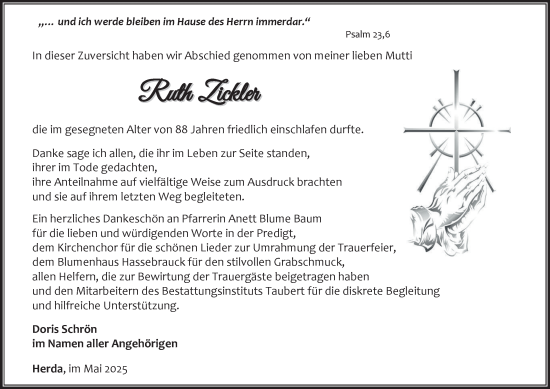 Traueranzeige von Ruth Zickler von Thüringer Allgemeine, Thüringische Landeszeitung